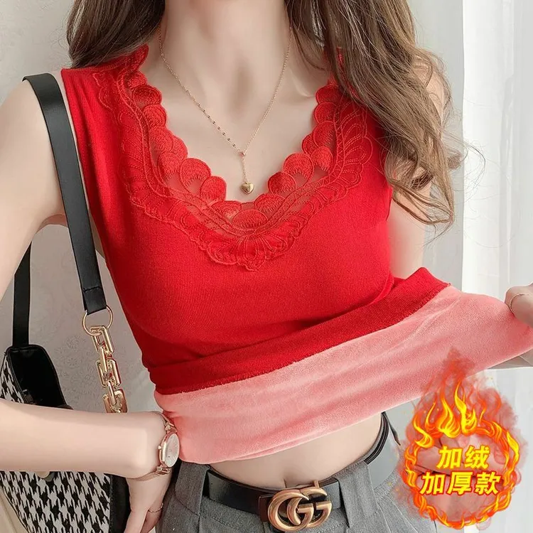 2025秋冬新款蕾丝花边V领吊带背心女修身显瘦百搭内搭打底衫上衣