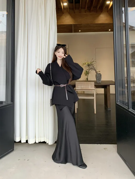 重磅大女主wan美廓行针织衫气质翻领收腰外套+高腰半身裙时尚套装