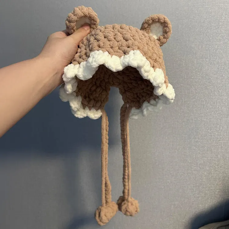 冬季保暖冰条线小熊耳朵帽子diy材料包手工编织毛绒自制粗毛线团