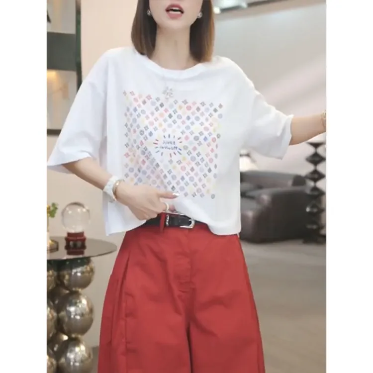 美式正肩圆领短袖T恤女2025夏季新款甜辣风减龄显瘦小众印花上衣