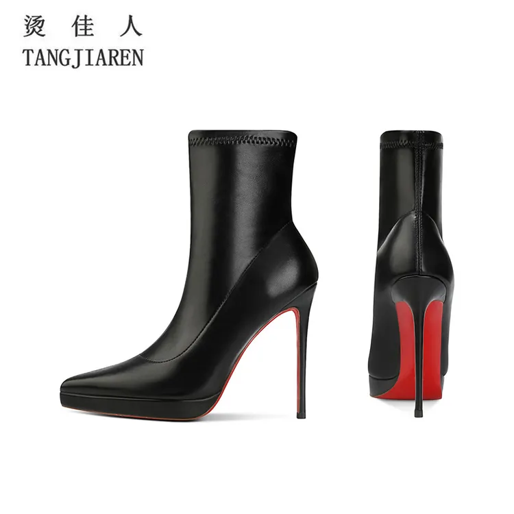 2025春秋新款防水台靴子女细跟性感皮面黑色中筒靴红底高跟瘦瘦靴