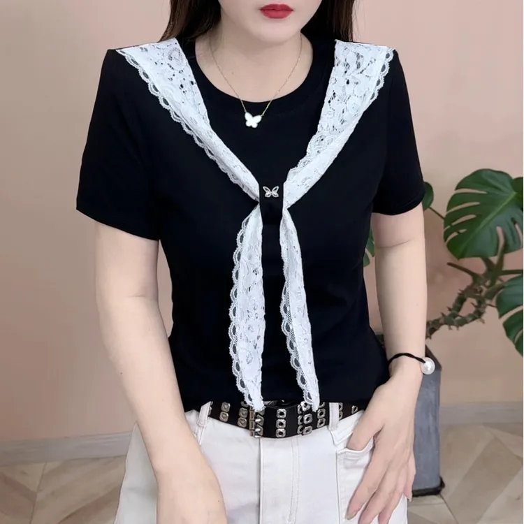 2025春夏款新品时尚百搭修身显瘦洋气设计围巾领女士短袖上衣7921