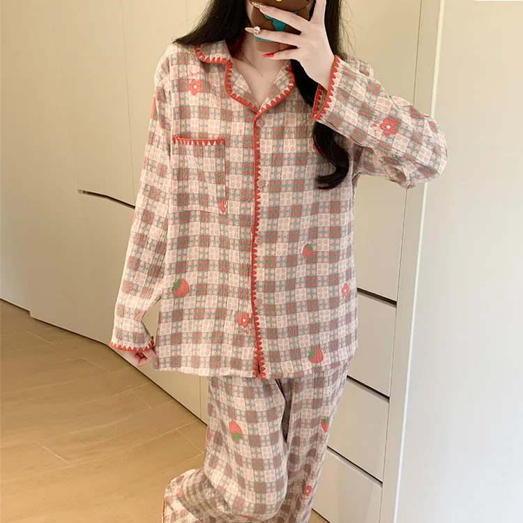 Meng luan/梦鸾格子睡衣女春秋款带胸垫高级感草莓小花长袖家居服