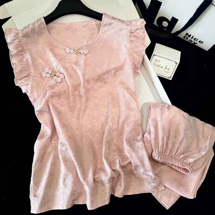 新中式荷叶边国风夏季睡衣女冰丝薄款复古汉服无袖背心家居服外穿