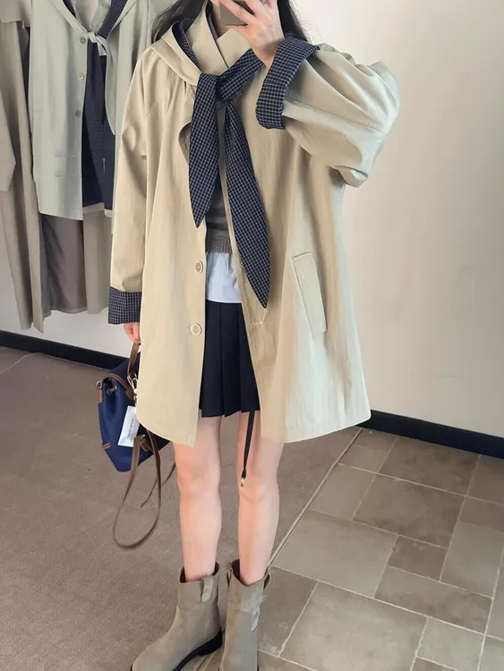 2025秋新款连帽披肩减龄格子撞色风衣中长款休闲百搭中长风衣外套