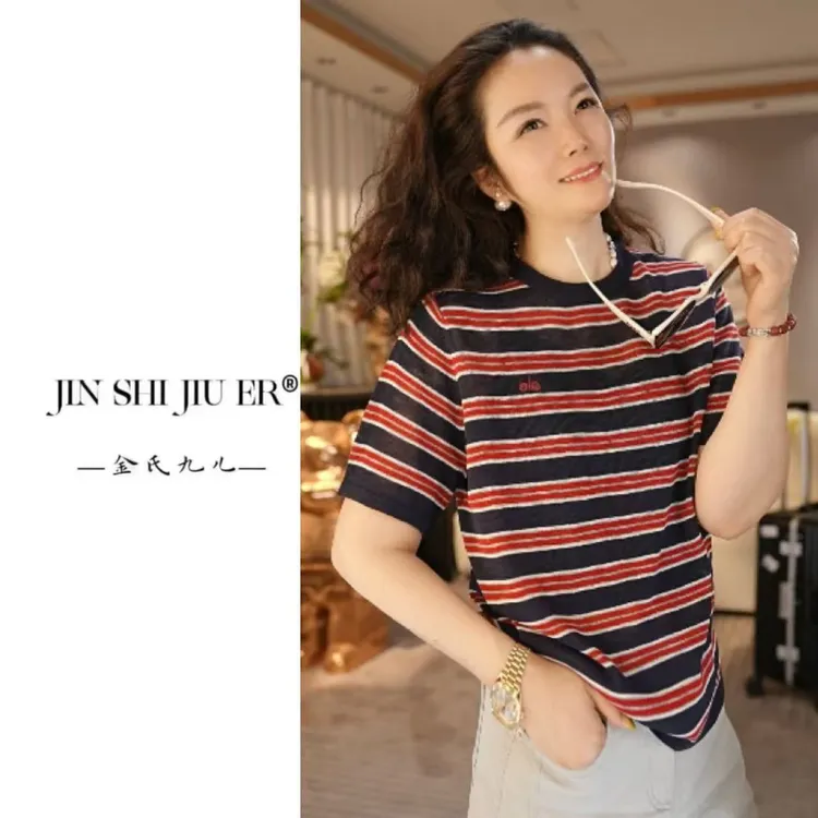 JIUER[达菲]韩版条纹圆领短袖T恤 气质休闲洋气复古修身8320