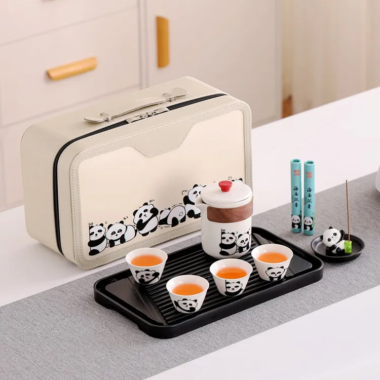 文创熊猫旅行茶具一壶三杯便携陶瓷快客杯户外露营商务礼品可logo