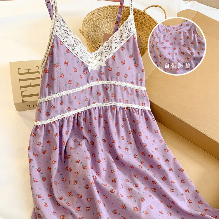 紫色小碎花带胸垫睡裙女夏季V领蕾丝边甜美少女居家中长款睡衣裙