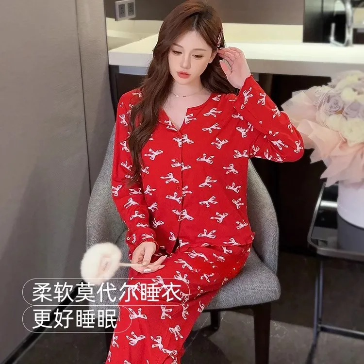 红色睡衣女结婚本命年蛇年长袖莫代尔春秋款家居服高级感喜庆新娘