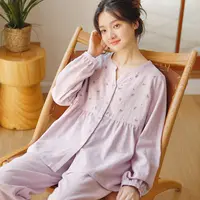 春秋纯棉女士睡衣简约刺绣棉纱圆领大码宽松长袖家居服套装25334