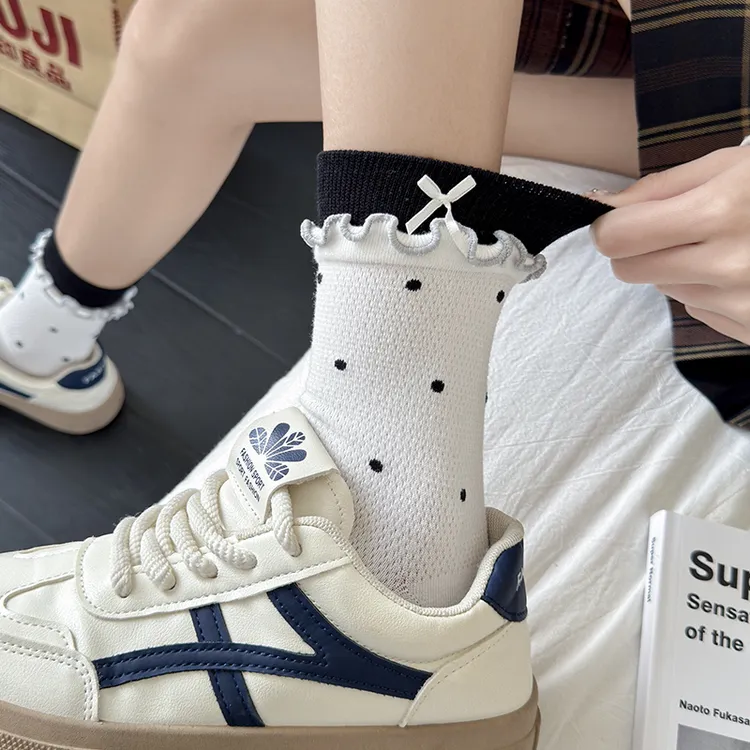 夏季薄款波点ins花边中筒袜中筒棉袜防滑蝴蝶结休闲风新款百搭