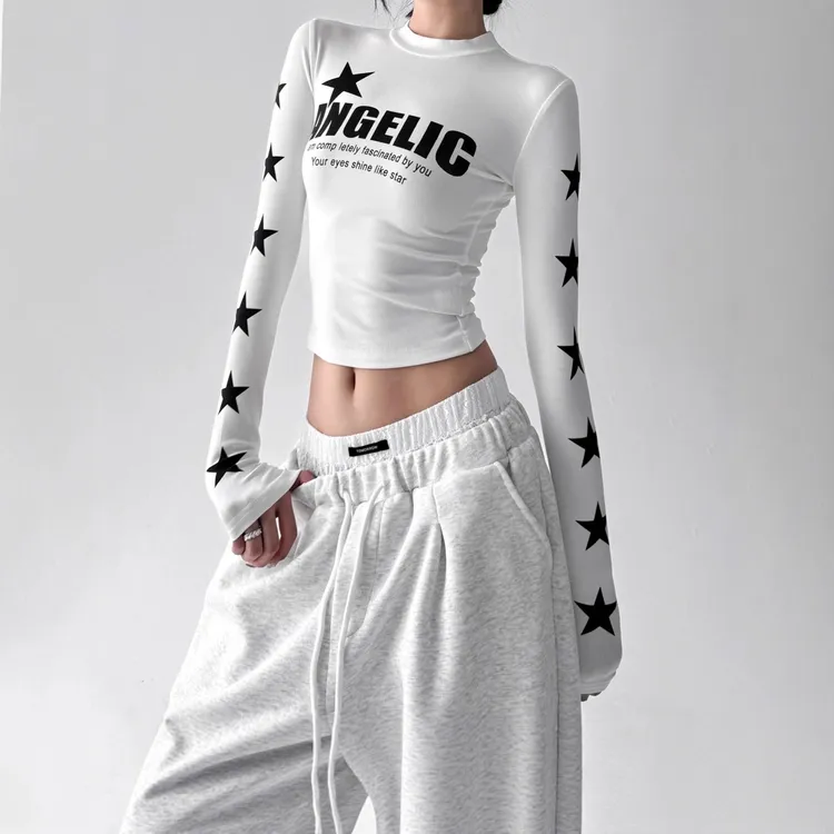 秋季新款美式字母漏脐辣妹印花长袖恤健身网红时尚炸街新款女装