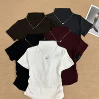 【叶子服饰】秋季新款半高领含配饰项链短袖打底衫1187