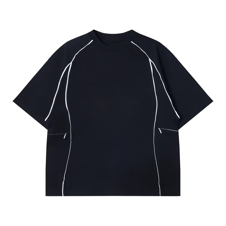 夏季高级感新款韩版撞色明线拉链口袋圆领短袖T恤百搭宽松上衣