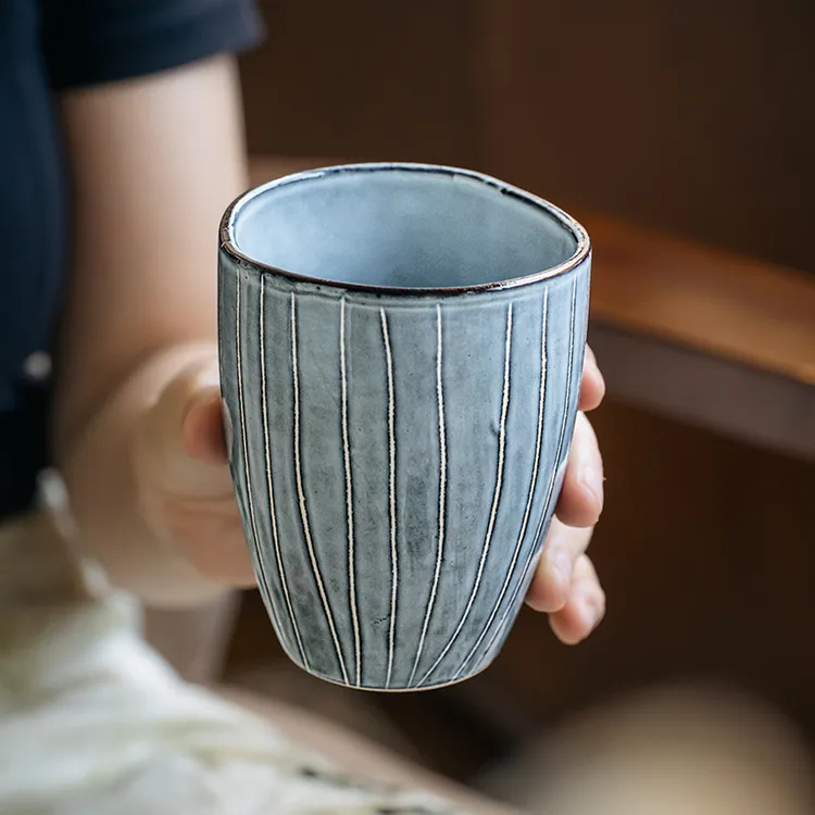 小悠家〖手绘线条无把杯〗复古手握杯陶瓷马克杯男生款茶杯咖啡杯