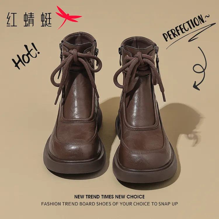 红蜻蜓棕色马丁靴女2025秋冬新款复古系带粗跟短靴薄绒软皮及踝靴