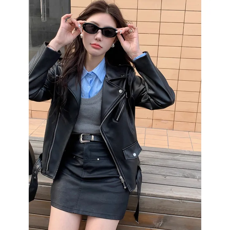 2025年春秋季休闲显瘦街头皮衣外套女宽松夹克美式PU皮气质机车服