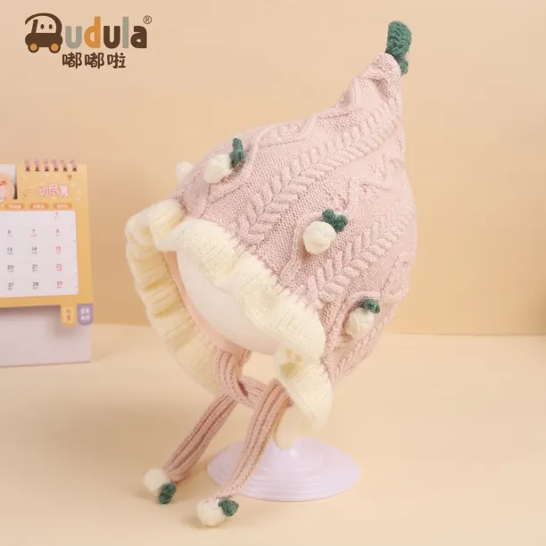 嘟嘟啦3989菱形格手工针织小草莓菱形格高顶女童冬季精灵帽