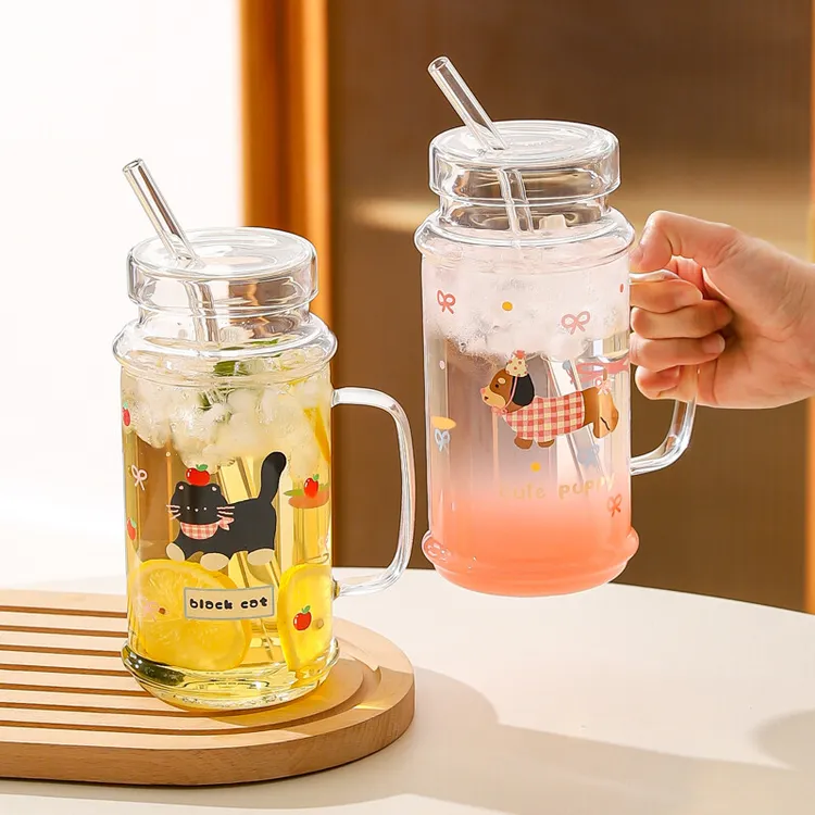 川岛屋可爱大容量玻璃杯女高颜值家用果汁杯饮料杯喝水杯子吸管杯