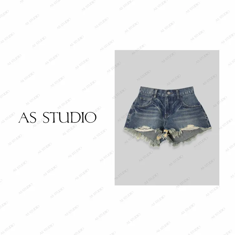 【AS热仔裤】25新复古做旧手工流苏磨边牛仔短裤AS25CKZ4933