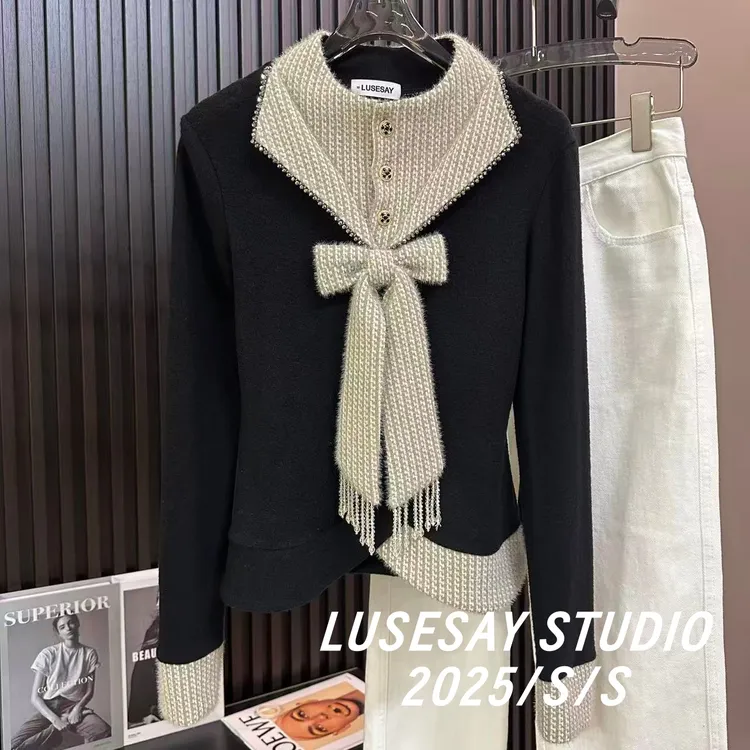 LUSESAY 重工纽扣蝴蝶结串珠设计 2025秋冬新款百搭长袖女上衣