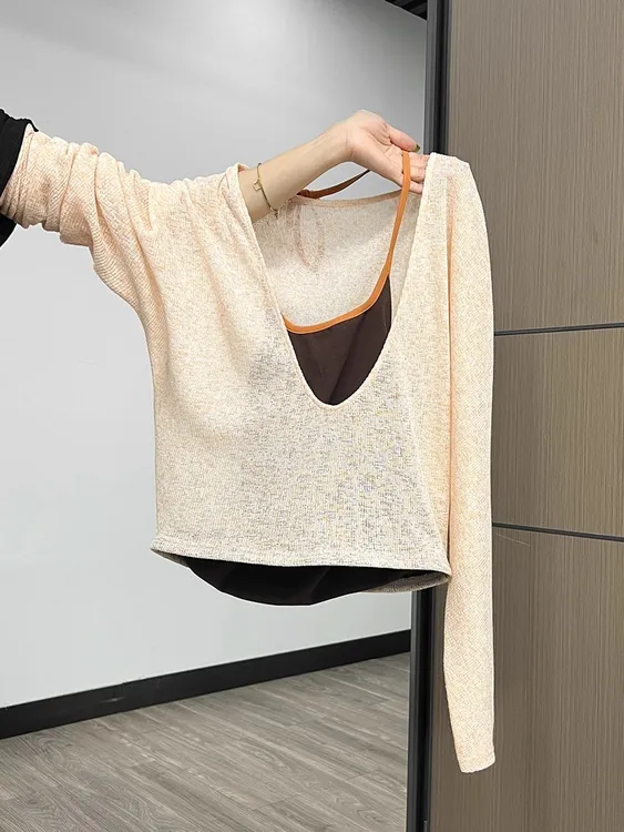 橘粉色多巴胺拼接假两件长袖T恤女2025早秋绝美穿搭收腰显瘦上衣