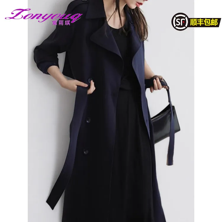 紫雨琪风衣外套女2025年早秋新款气质正肩简约时尚百搭双排扣中长