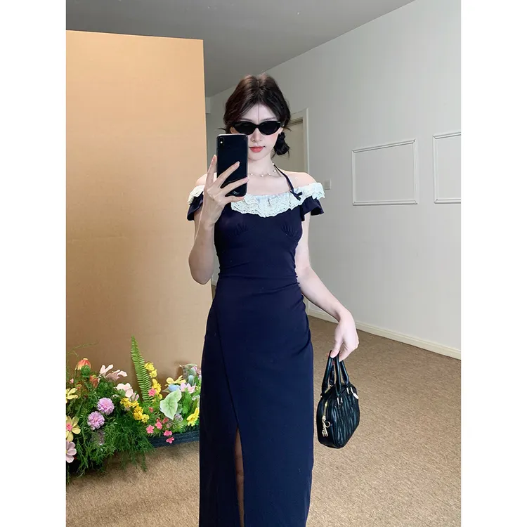 蕾丝拼接撞色小飞袖连衣裙女夏季紧身收腰开叉裙子长裤女夏季薄款