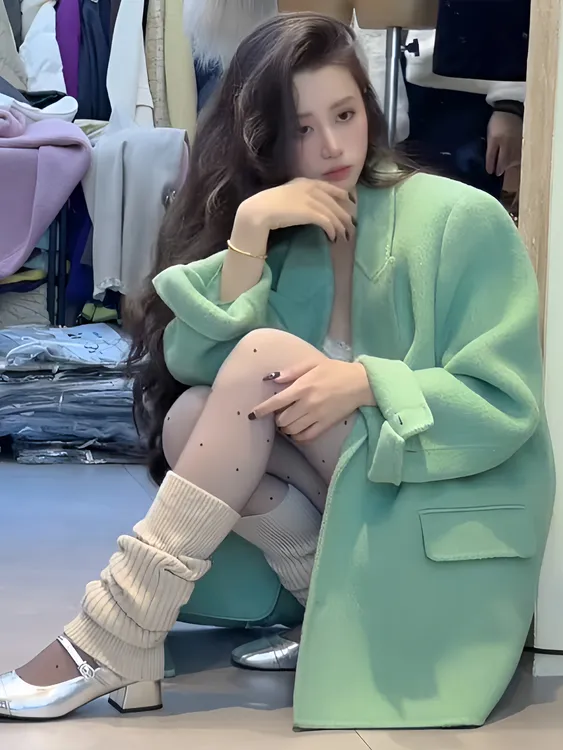 冬季2025新款爆款时尚洋气绿色西装毛呢外套高级感小个子百搭大衣