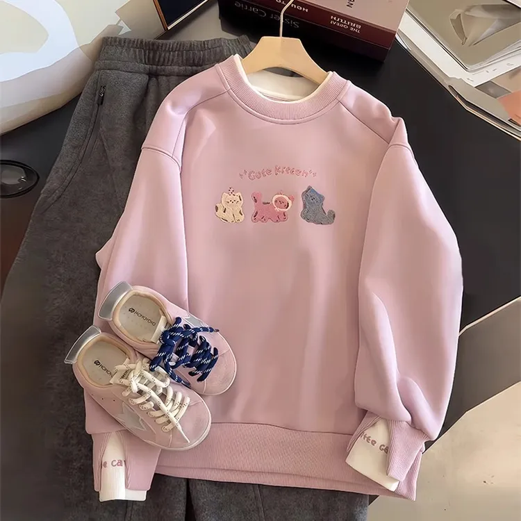 女童加绒卫衣2025新款儿童秋冬加厚上衣童装女孩洋气圆领打底衫