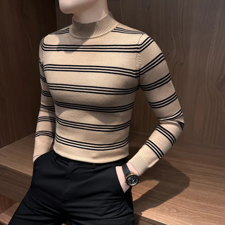 半高领条纹毛衣男款冬季爆款2025新款痞帅男装针织内搭男士打底衫