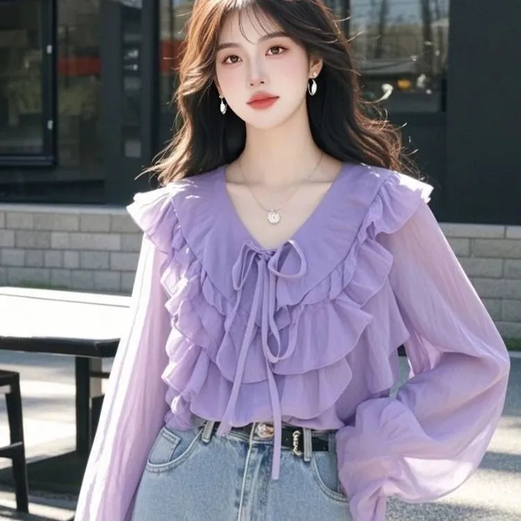 2025春夏新款小衫超好看独特漂亮洋气设计感紫色荷叶边V领衬衫女