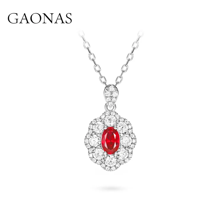 GAONAS 培育红宝石【矿工的眼泪】经典美百花镶红项链11306XR