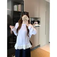 艺野系 下摆木耳花边正肩白色打底衫女秋季显瘦甜美小清新长袖t恤