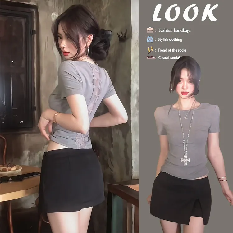 今年流行漂亮套装2025新款百搭设计感修身蕾丝短袖辣妹短裙两件套