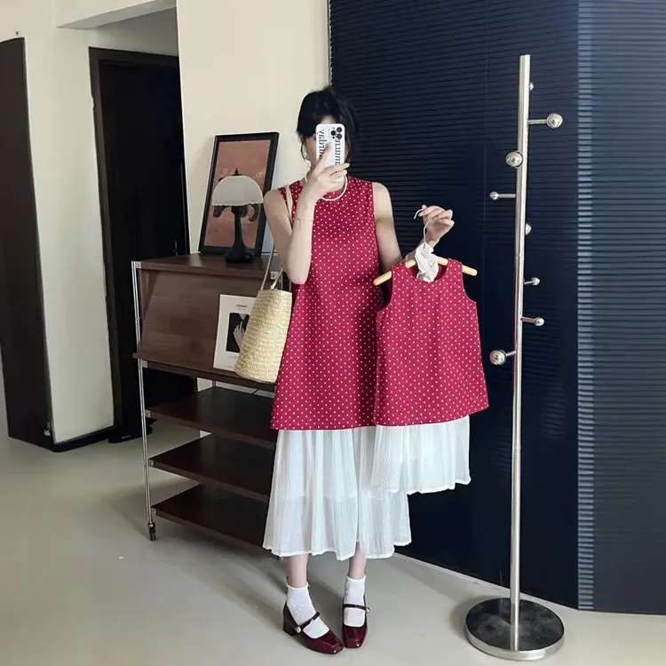 新品巴拉巴拉母女装法式复古红色波点连衣裙套装2025夏季新款亲子