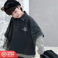 253066儿童春秋套头时尚休闲宽松韩版洋气拼接假两件长袖polo衫