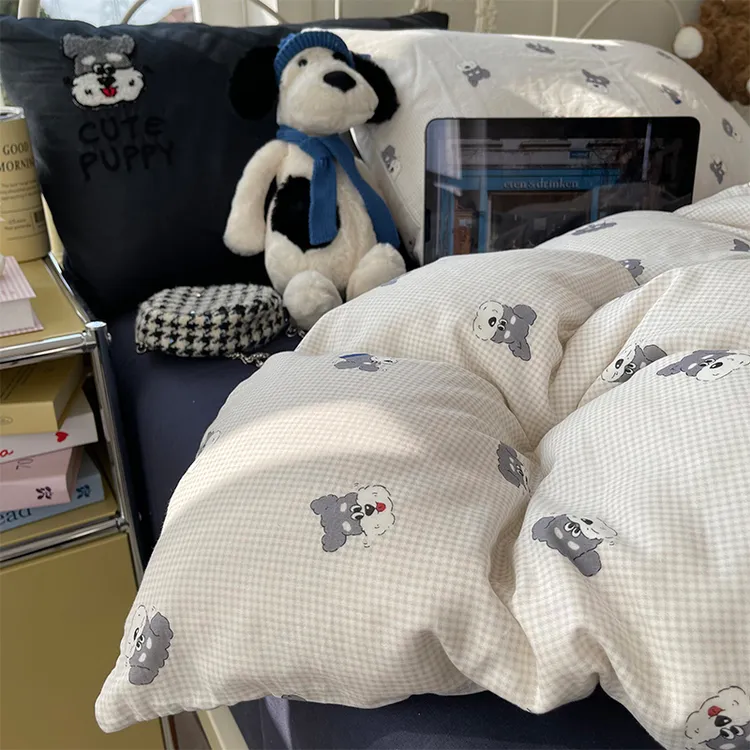 A类母婴级调皮狗狗双层纱床上四件套纯棉100%全棉被套床单床笠1.8
