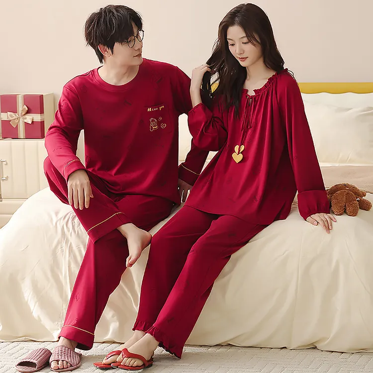 情侣睡衣秋冬季纯棉长袖长裤红色本命年新婚结婚家居服套装可外穿