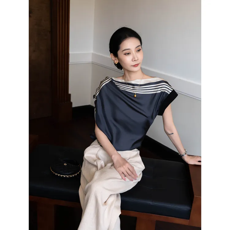 CHENSMCHEN 100桑蚕丝衬衫女夏季显瘦条形印花气质衬衣CSEC5564TT