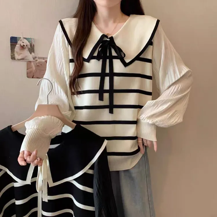 9037#娃娃领条纹针织衫女早春新款大码胖mm法式蝴蝶结上衣毛衣