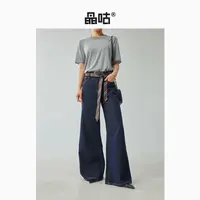 【晶咕&泡芙妈】时尚气质双腰带装饰原色水洗牛仔裤