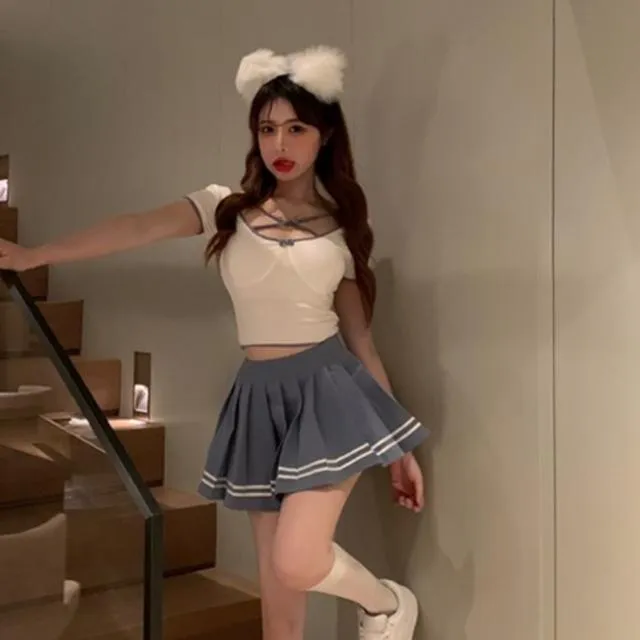 学院风百褶裙辣妹套装女减龄显瘦半身裙打底衫两件套夏季2024新款