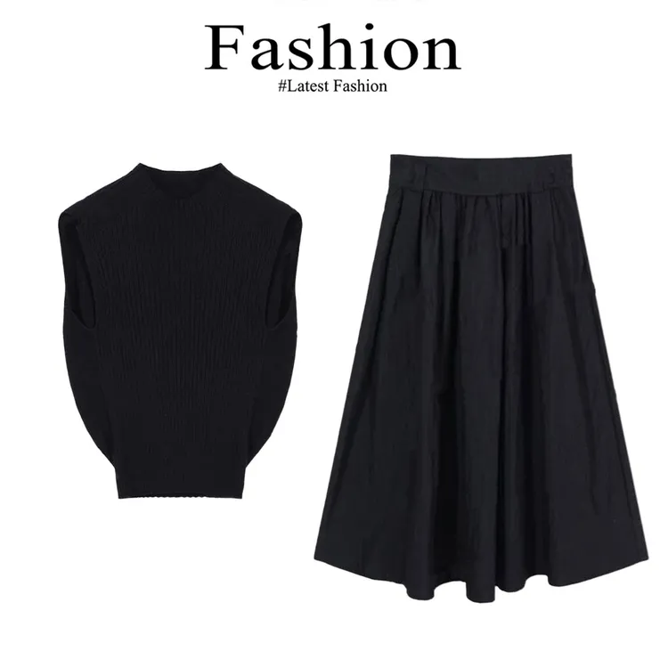 夏季大方得体穿搭名媛气质女神高级感正式场合黑色背心半身裙套装