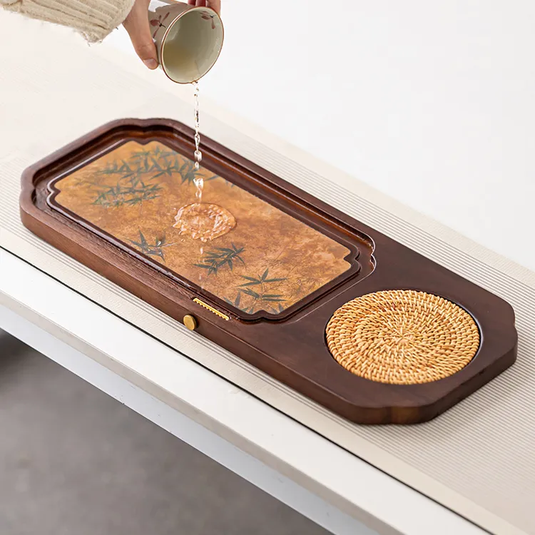 德白茶盘家用新款轻奢小型沥水茶台胡桃木功夫茶具茶盘干泡台托盘