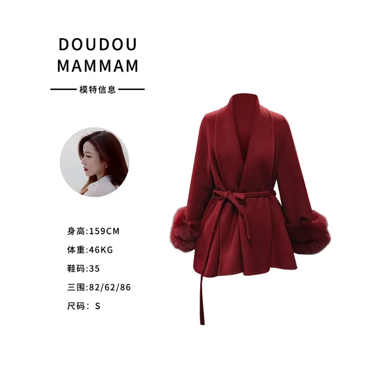 青果领秋冬宽松型红色冬季中长款毛羊毛大衣外套