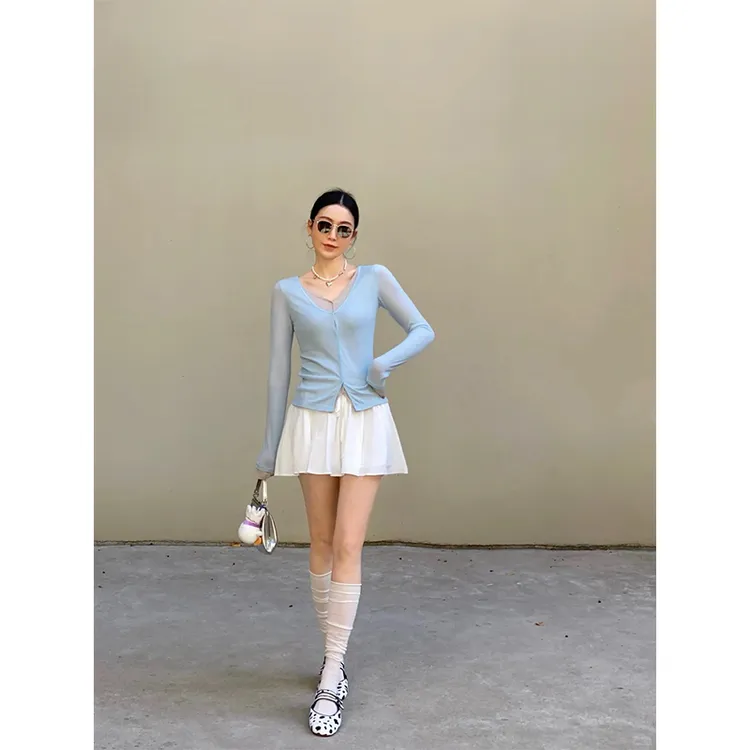2025春季新款时尚韩系洋气简约薄款长袖上衣女高腰百搭显瘦半身裙