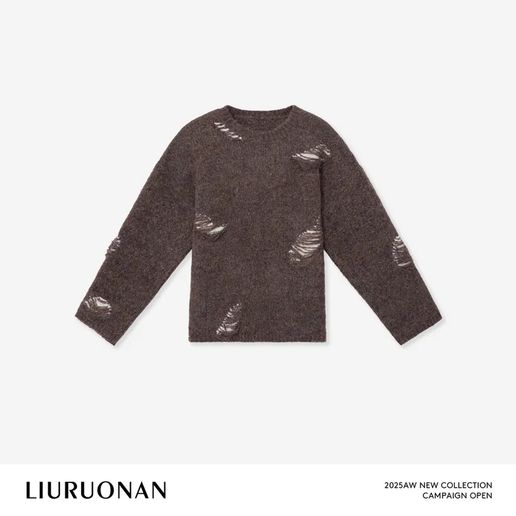 LIURUONAN 25WIN【阿波罗】破洞做旧慵懒宽松休闲圆领长袖毛衣秋冬