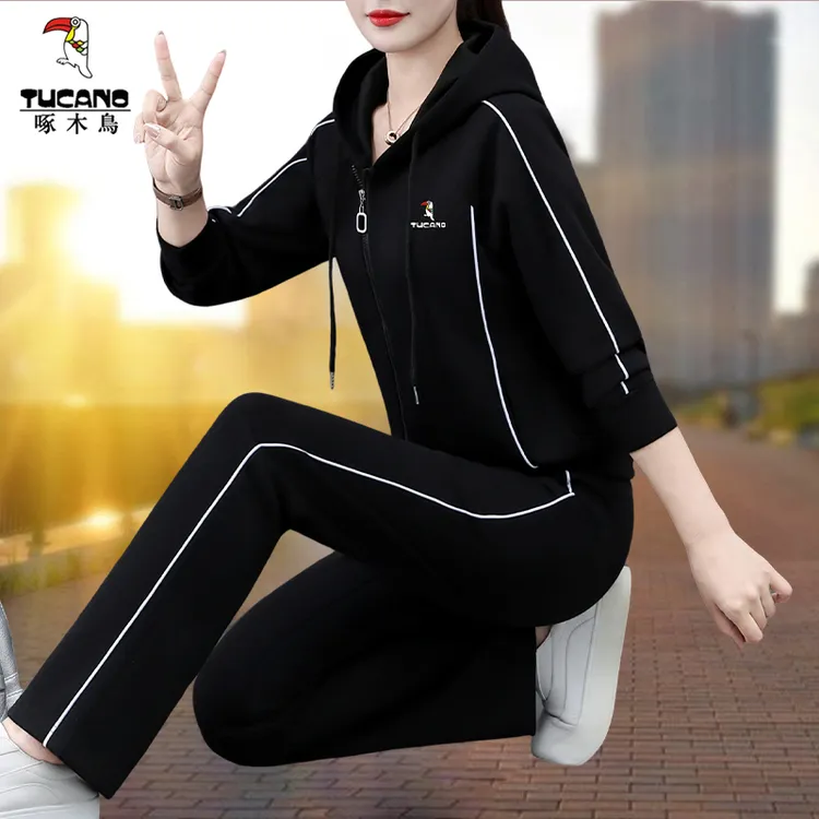 啄木鸟运动服套装女春秋2025新款时尚妈妈开衫卫衣外套休闲两件套