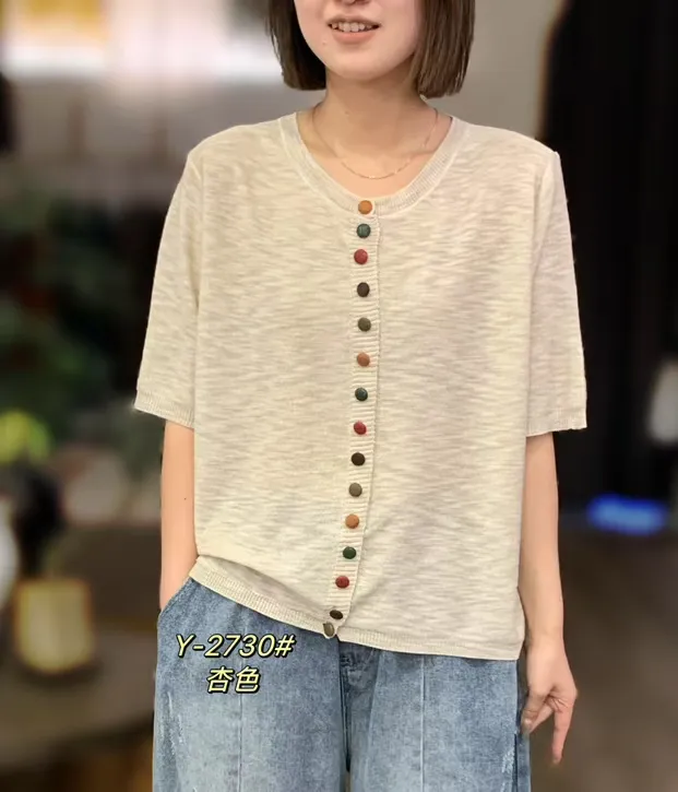 夏季爆款彩色扣针织开衫圆领短袖文艺显瘦外套